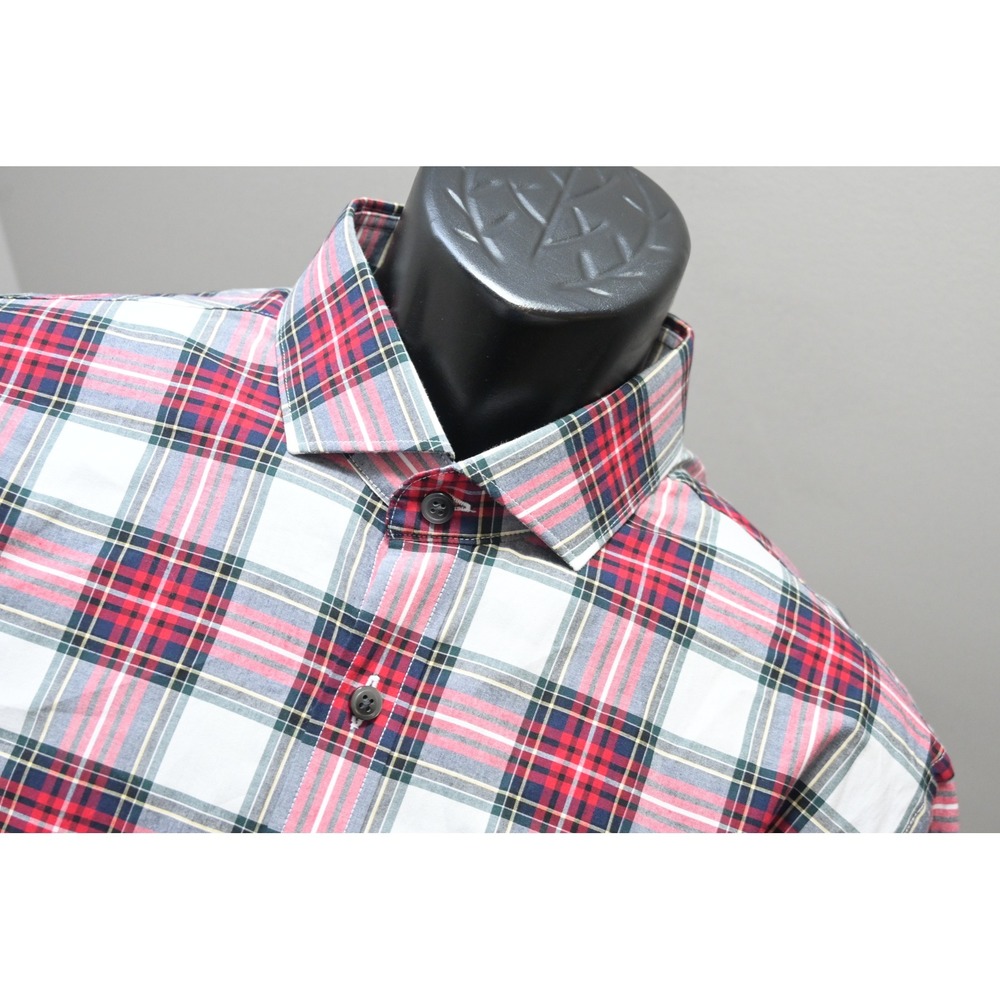 Express Dress Shirt Men Large Red White Navy Plaid Fitted Long Sleeve Excellent